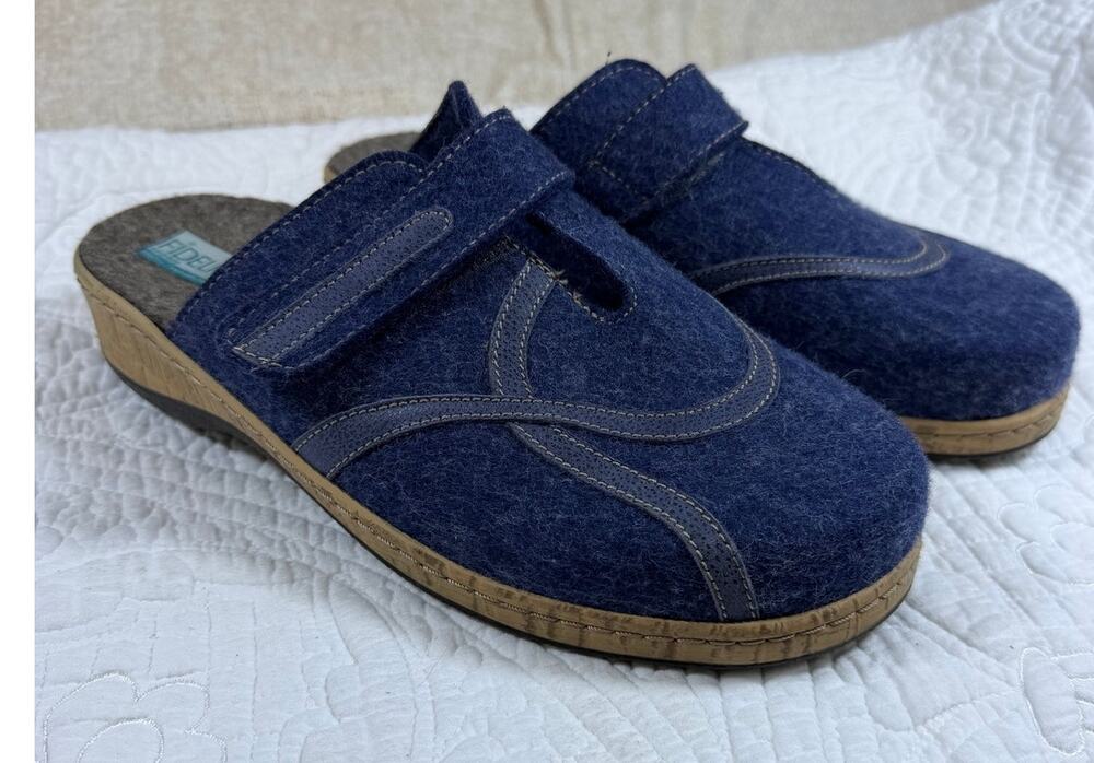 Fidelio Women 7.5 Blue Wool Felt Slip On Clog Mules Comfort Casual Walking Shoes
